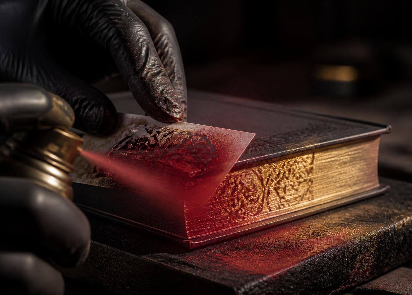 Gloved hands spray painting the page edges of a hardcover book with a stencil