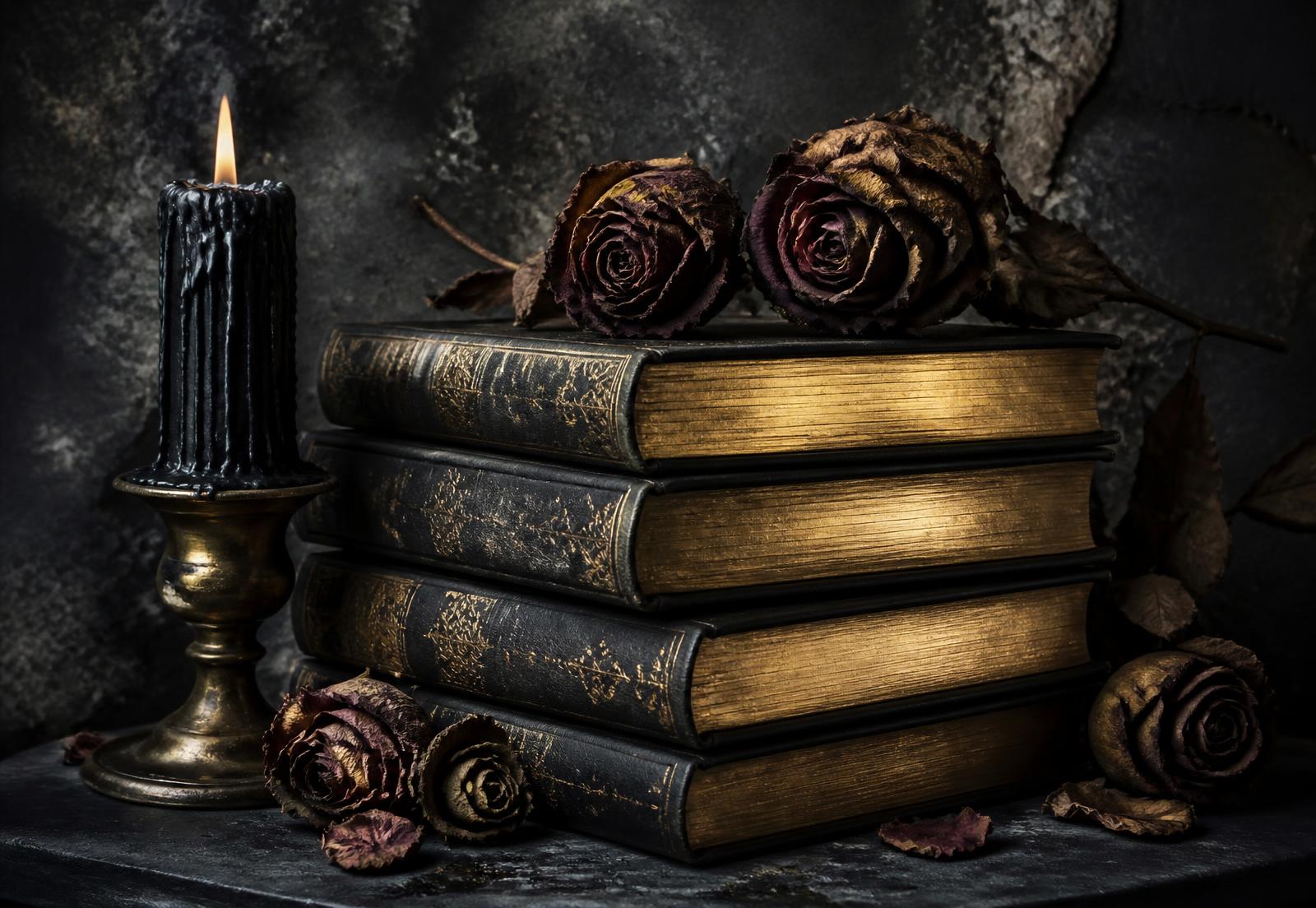 Stack of black books with gilded sprayed edges beside a candle